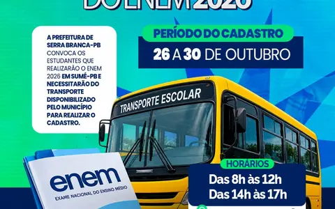 Serra Branca cadastra estudantes para transporte ao ENEM 2026 em Sumé