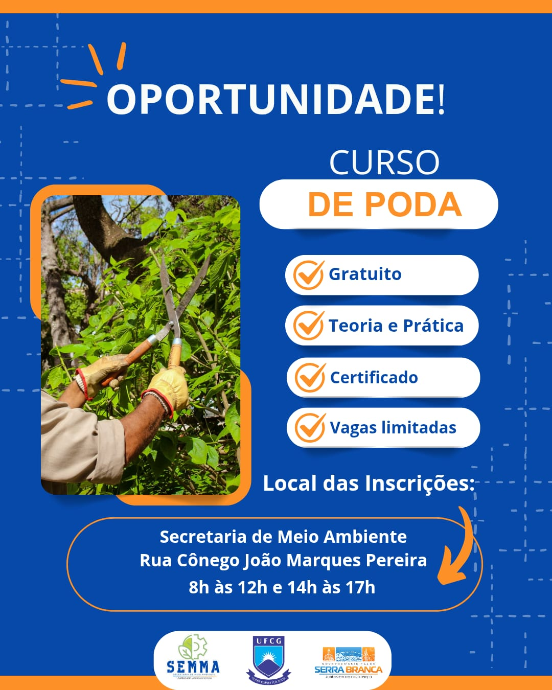 Prefeitura Municipal de Serra Branca oferece curso gratuito de poda com foco em sustentabilidade ambiental