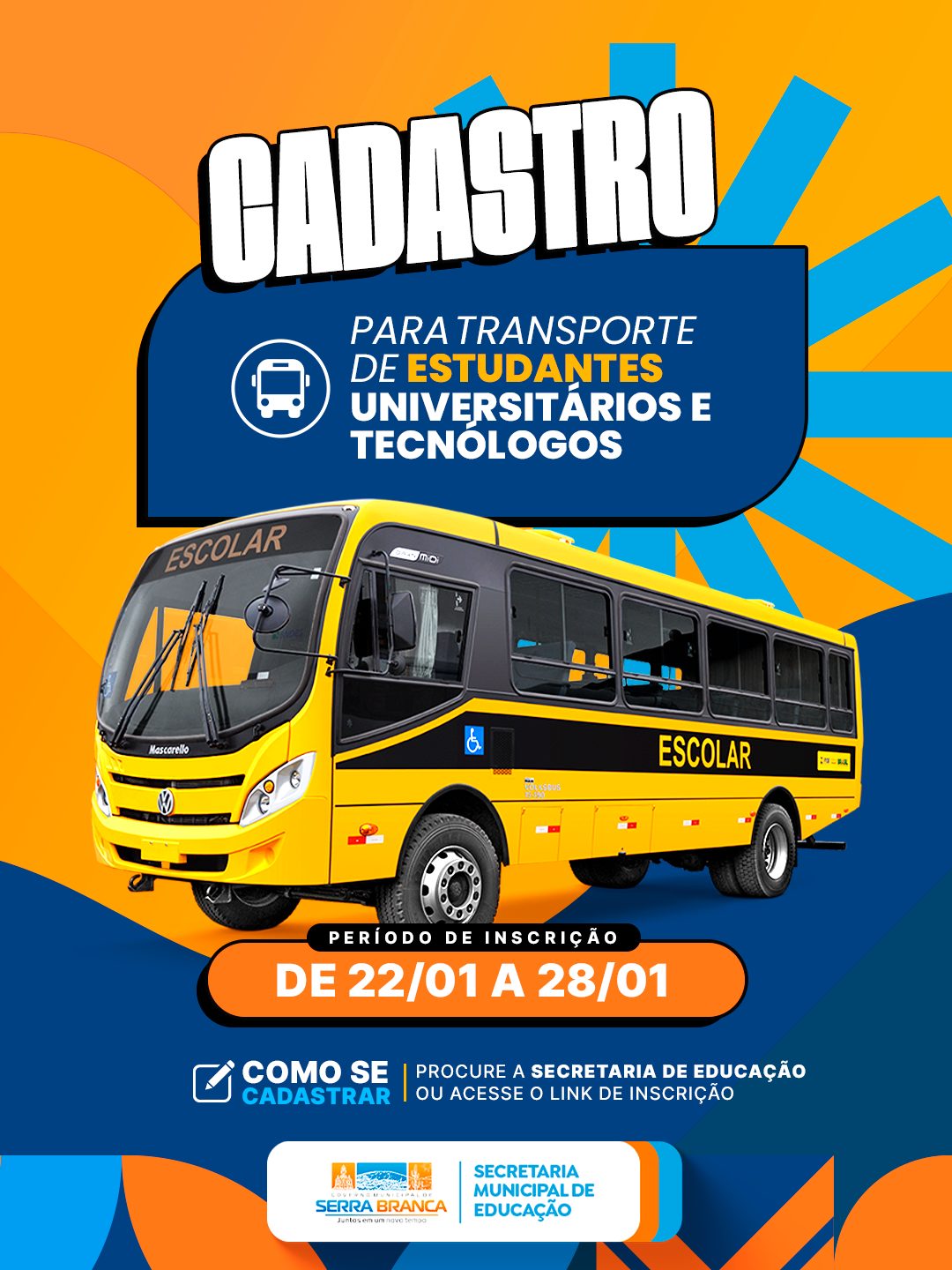 Prefeitura de Serra Branca abre cadastramento para transporte universitário